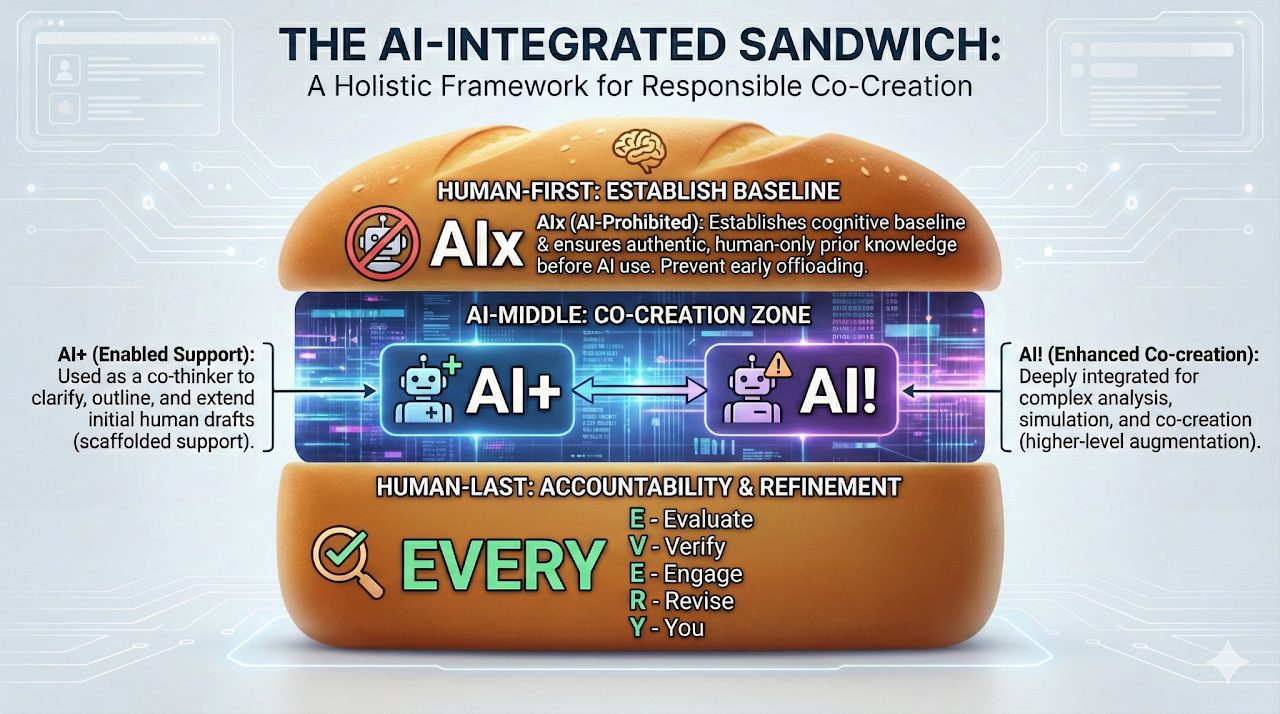 The AI-Integrated Sandwich: a holistic framework for responsible co-creation. The top bun is Human-First, establishing a baseline (AIx, AI-prohibited). The filling is the AI-Middle co-creation zone, with AI+ enabled support and AI! enhanced co-creation. The bottom bun is Human-Last accountability and refinement, summarized as EVERY: Evaluate, Verify, Engage, Revise, You.