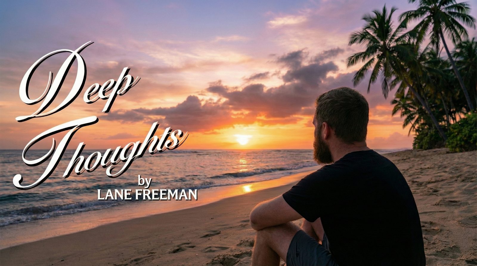 Deep Thoughts by Lane Freeman: a man sitting on a beach, looking out at the sunset over the ocean.