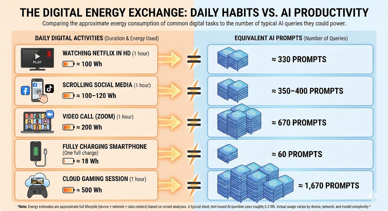 The Digital Energy Exchange: daily habits vs. AI productivity. Approximate energy use of common digital activities and the equivalent number of AI prompts: watching Netflix in HD for 1 hour, about 100 Wh or roughly 330 prompts; scrolling social media for 1 hour, 100 to 120 Wh or roughly 350 to 400 prompts; a 1-hour video call, about 200 Wh or roughly 670 prompts; fully charging a smartphone, about 18 Wh or roughly 60 prompts; a 1-hour cloud gaming session, about 500 Wh or roughly 1,670 prompts.