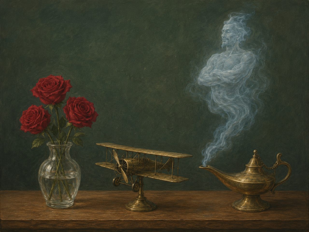 A vase of red roses, a small model biplane, and a brass genie lamp releasing a wisp of smoke shaped like a genie, arranged on a wooden table.